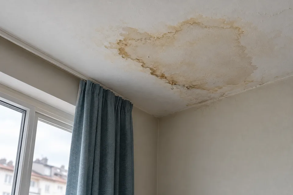 Tavandaki sarı su halkası ve duvar birleşimindeki nem izini gösteren oda